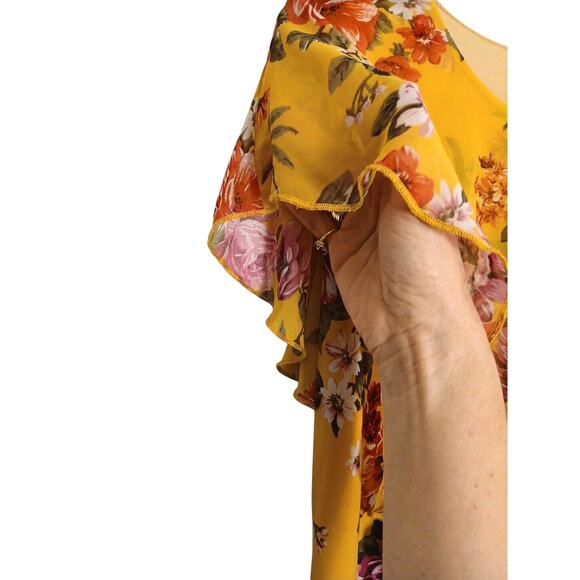 Exotic Tropical Tunic Blouse Sz L Yellow Rhinestones Floral Kimono Flowy Cottage - Picture 7 of 14